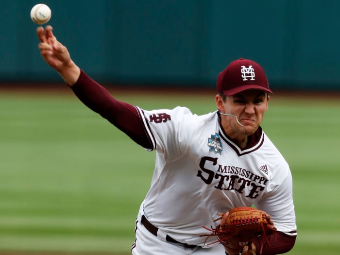 Jun 26, 2021; Omaha, Nebraska, USA; Mississippi State Bulldogs pitcher Will Bednar (24) throws against the Texas Longhorns at TD Ameritrade Park.